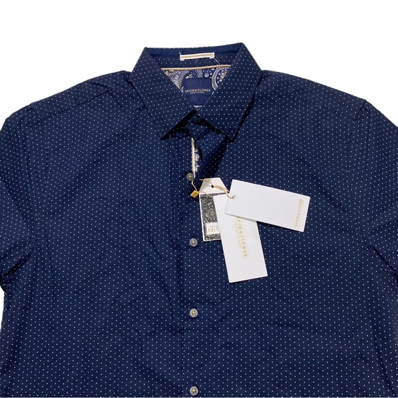 Denim & Flower Men Navy White Dots All Over Button-Front Shirt Sz Sm Poplin NWT - Picture 2 of 11